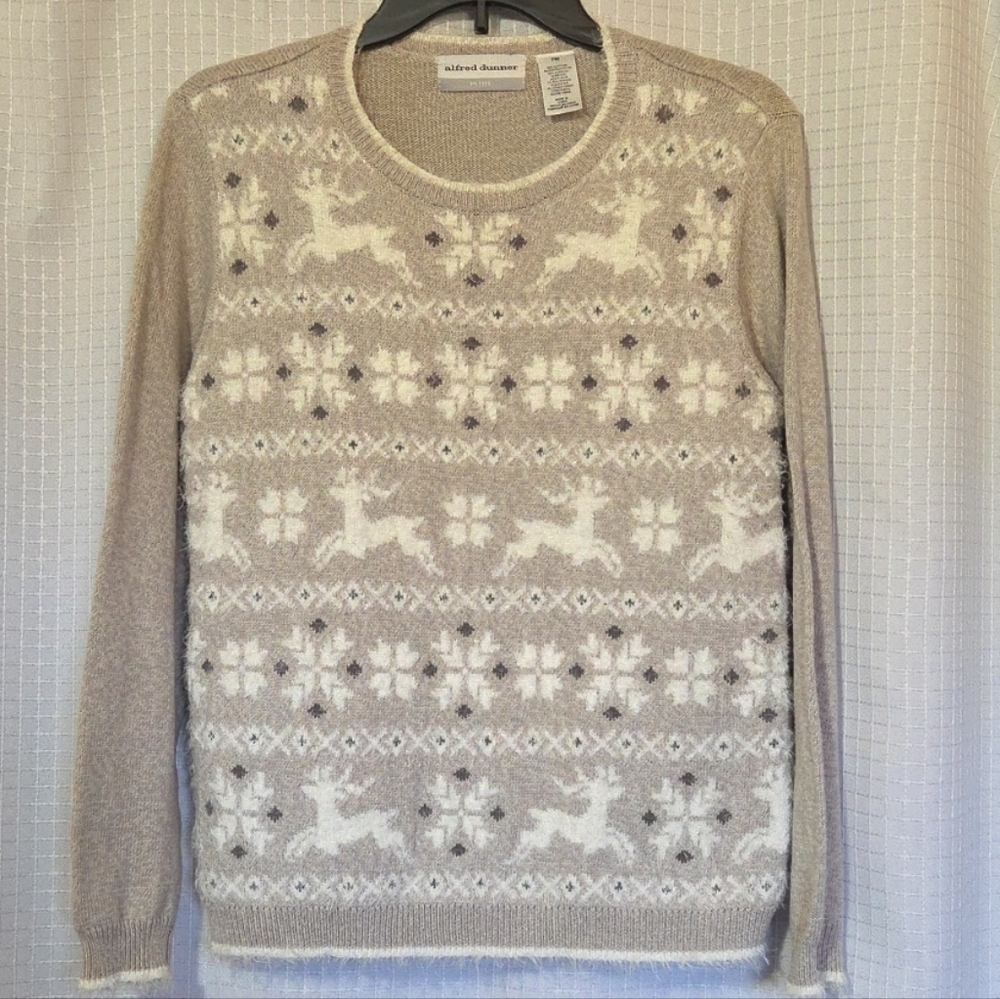 Alfred Dunner Womens Fuzzy Sweater Gray White Reindeer Holiday Christmas Size MP